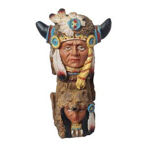 Vintage Double Totem Buffalo Head Indian Native America Figurine Resin